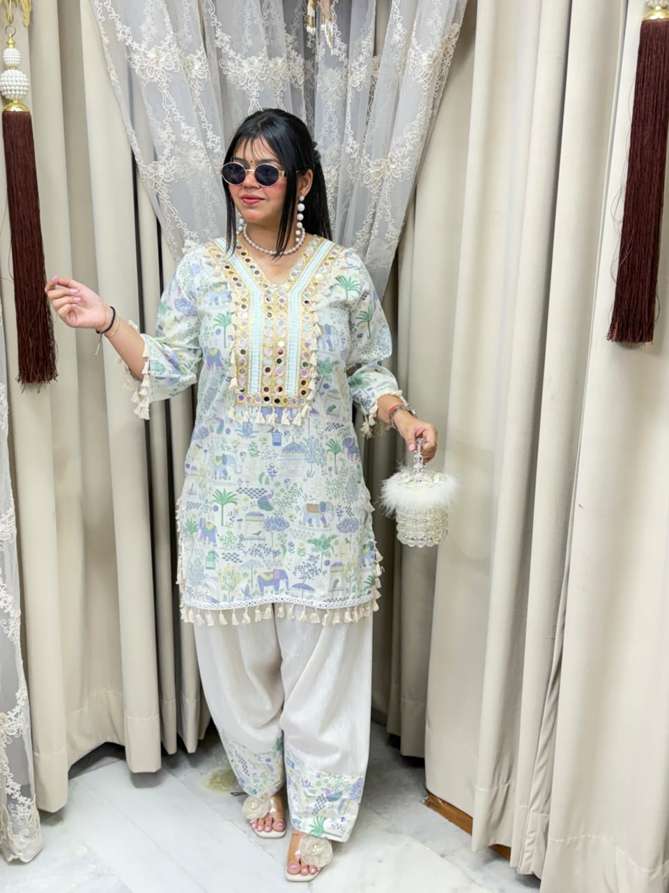 The Farshi Co-ord Set | Premium Heavy Mirror Work Khadi Cotton Fusion Set