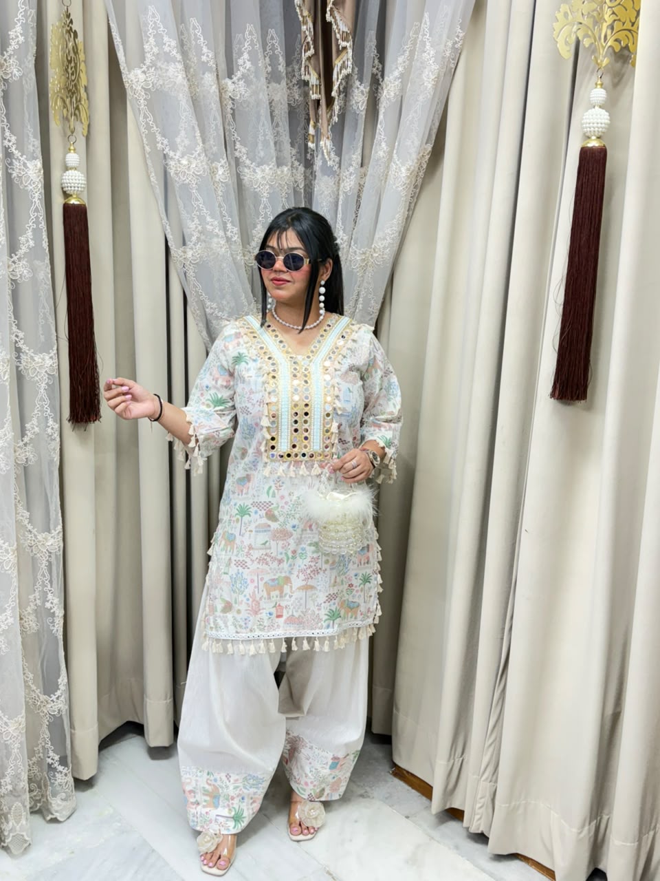 The Farshi Co-ord Set | Premium Heavy Mirror Work Khadi Cotton Fusion Set