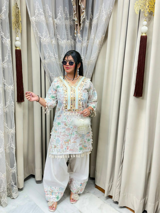 The Farshi Co-ord Set | Premium Heavy Mirror Work Khadi Cotton Fusion Set