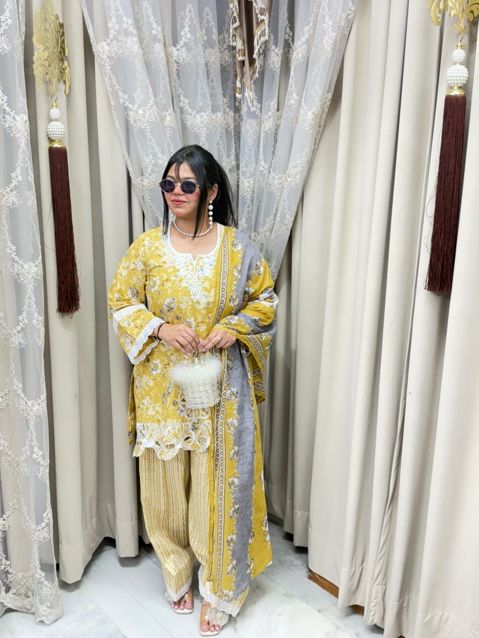 The Gulmohar Farshi Suit Set | Premium Pure Cotton Floral Cutwork 3-Piece Festive Set