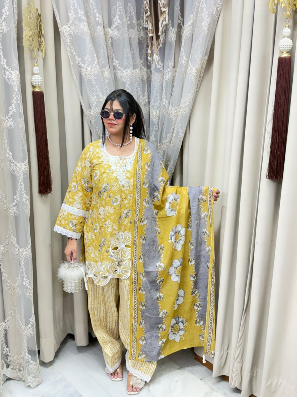 The Gulmohar Farshi Suit Set | Premium Pure Cotton Floral Cutwork 3-Piece Festive Set
