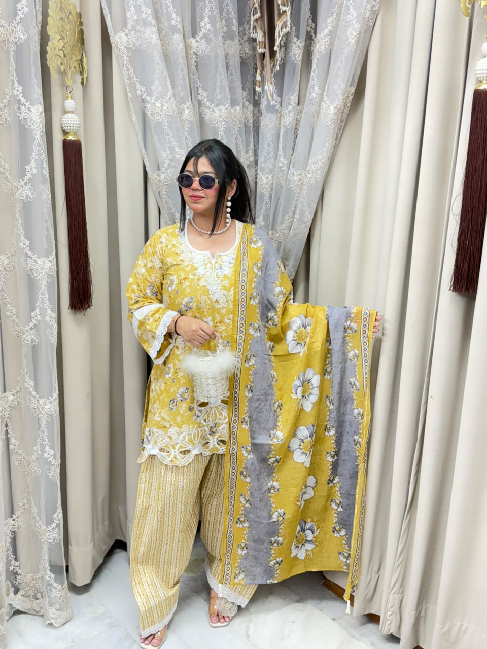 The Gulmohar Farshi Suit Set | Premium Pure Cotton Floral Cutwork 3-Piece Festive Set