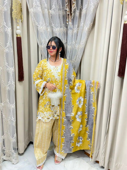 The Gulmohar Farshi Suit Set | Premium Pure Cotton Floral Cutwork 3-Piece Festive Set