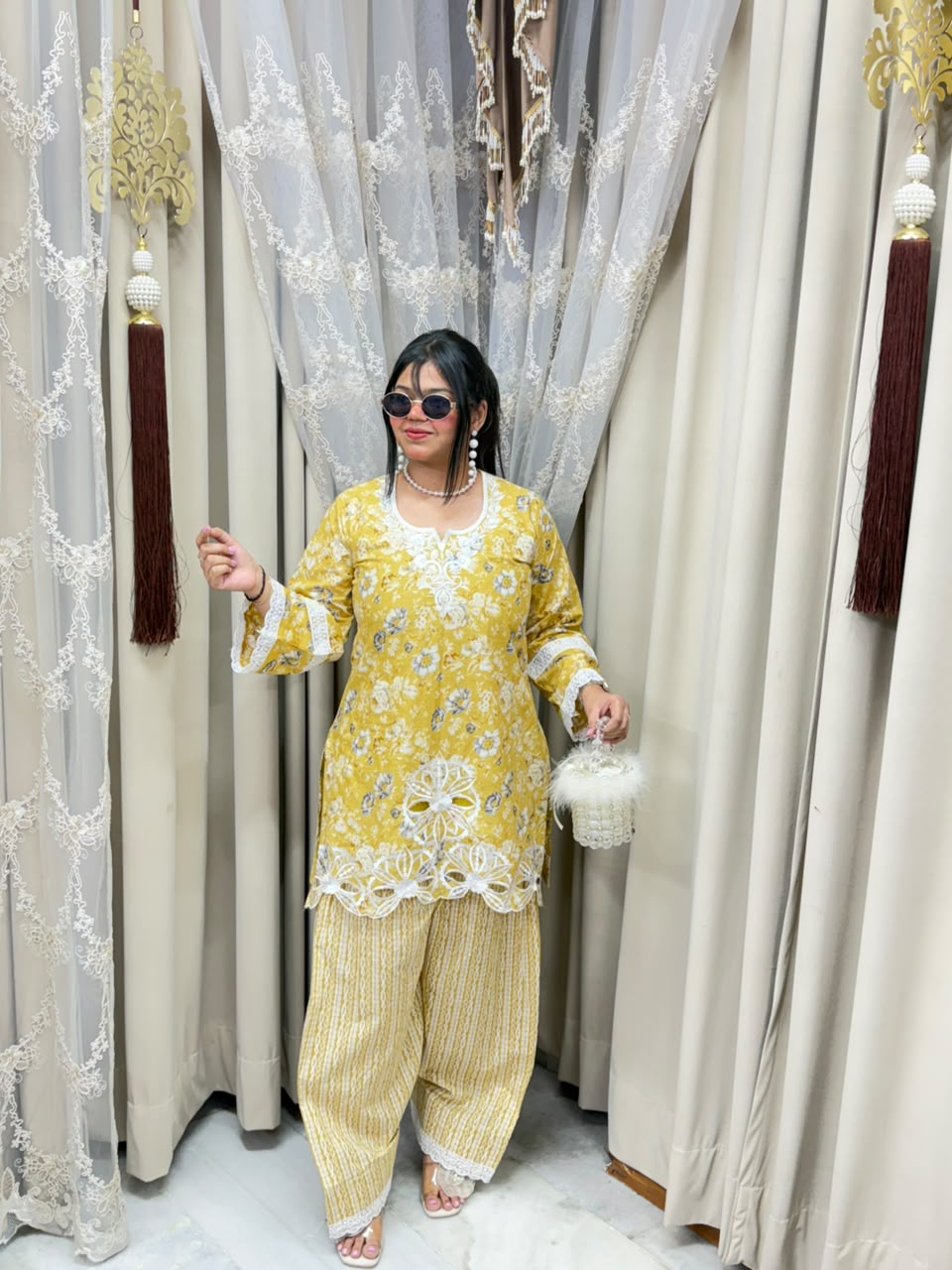The Gulmohar Farshi Suit Set | Premium Pure Cotton Floral Cutwork 3-Piece Festive Set
