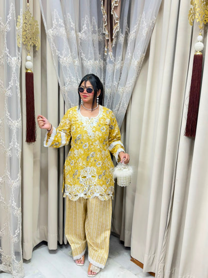 The Gulmohar Farshi Suit Set | Premium Pure Cotton Floral Cutwork 3-Piece Festive Set