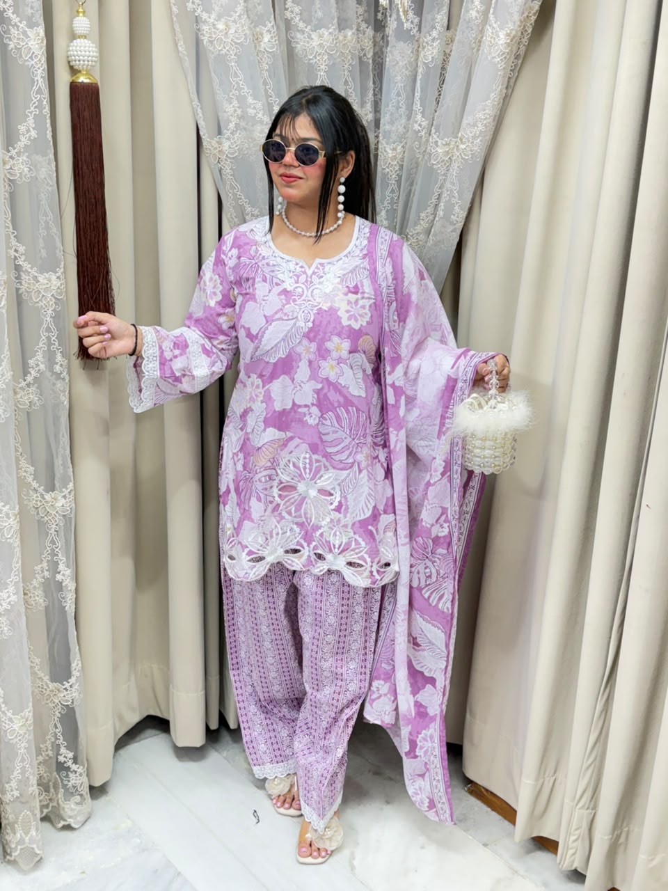 The Gulmohar Farshi Suit Set | Premium Pure Cotton Floral Cutwork 3-Piece Festive Set