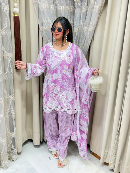 The Gulmohar Farshi Suit Set | Premium Pure Cotton Floral Cutwork 3-Piece Festive Set