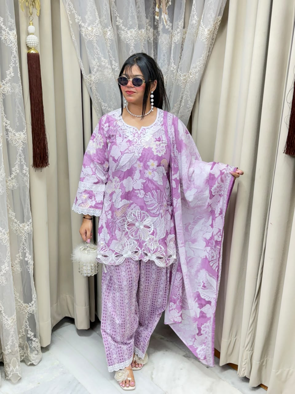 The Gulmohar Farshi Suit Set | Premium Pure Cotton Floral Cutwork 3-Piece Festive Set