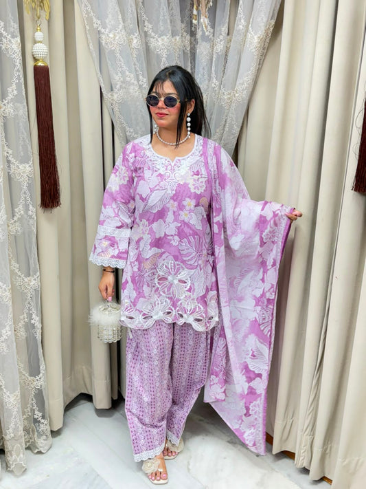 The Gulmohar Farshi Suit Set | Premium Pure Cotton Floral Cutwork 3-Piece Festive Set