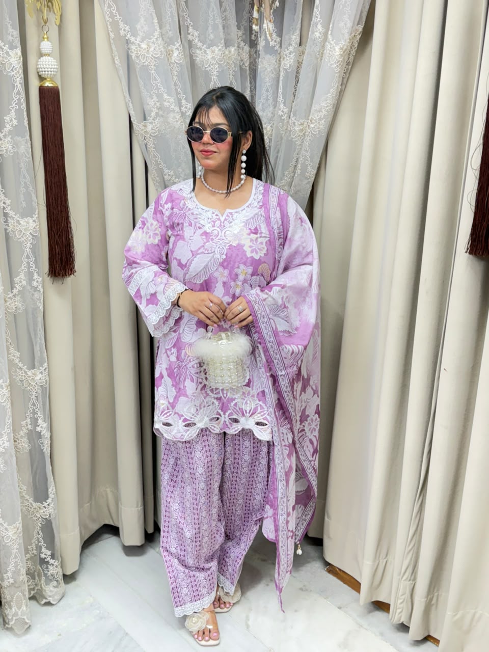 The Gulmohar Farshi Suit Set | Premium Pure Cotton Floral Cutwork 3-Piece Festive Set