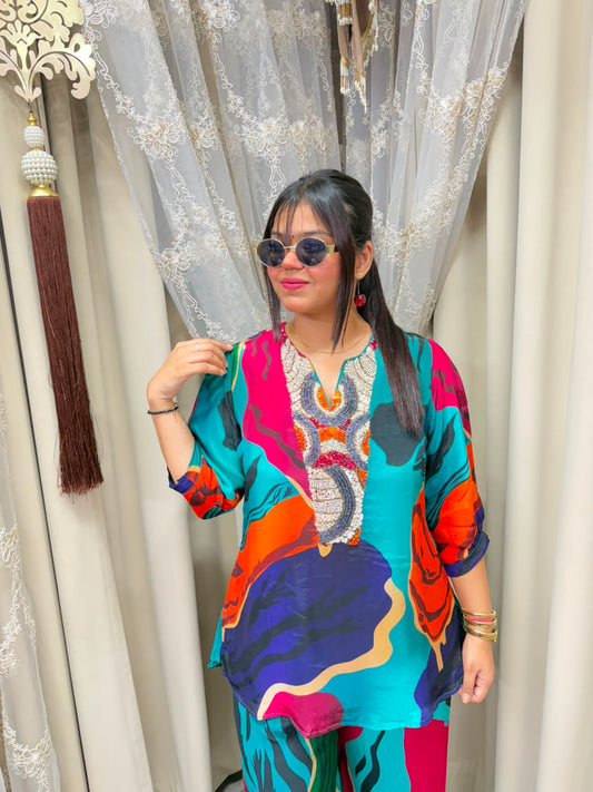Premium Pure Crepe Designer Multi Co-Ord Set for Women | Elegant Printed Co-Ord Set