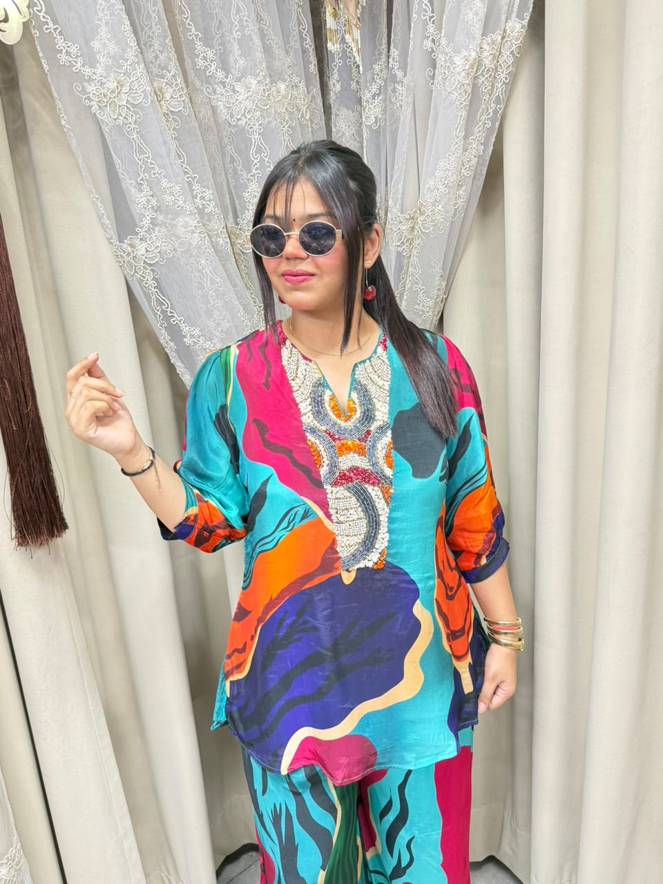 Premium Pure Crepe Designer Multi Co-Ord Set for Women | Elegant Printed Co-Ord Set