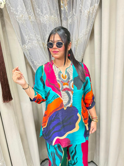 Premium Pure Crepe Designer Multi Co-Ord Set for Women | Elegant Printed Co-Ord Set