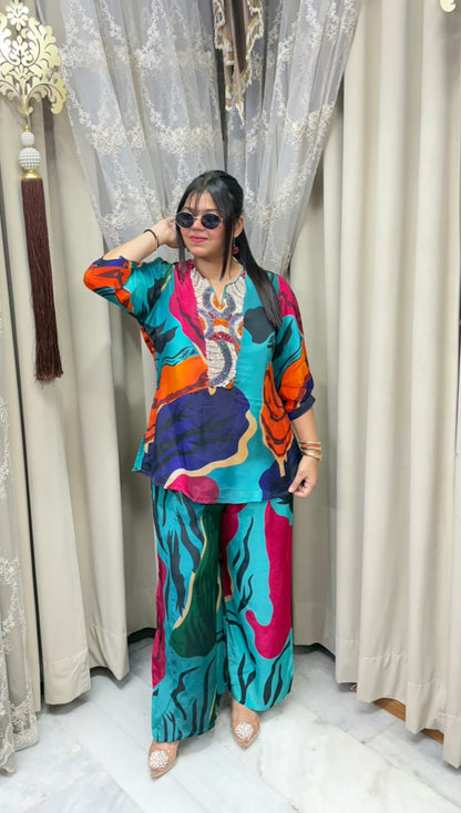 Premium Pure Crepe Designer Multi Co-Ord Set for Women | Elegant Printed Co-Ord Set