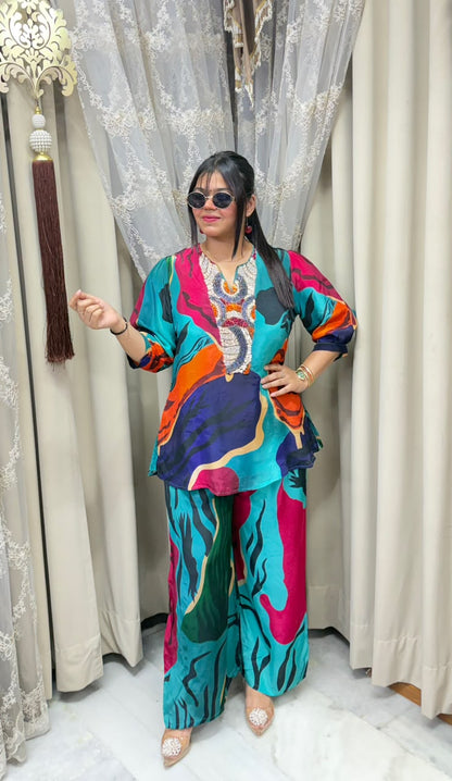 Premium Pure Crepe Designer Multi Co-Ord Set for Women | Elegant Printed Co-Ord Set