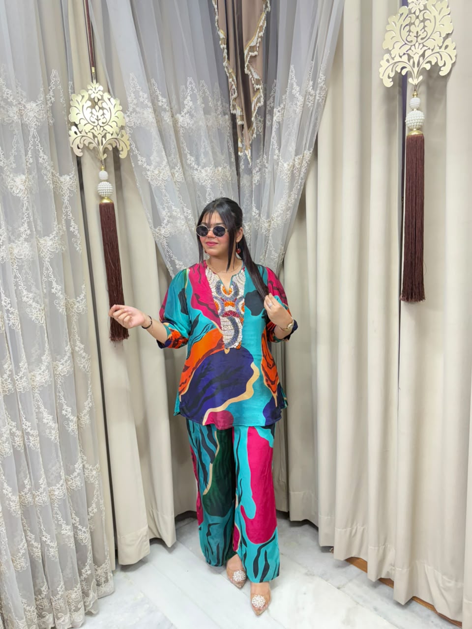 Premium Pure Crepe Designer Multi Co-Ord Set for Women | Elegant Printed Co-Ord Set