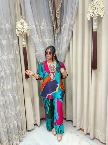 Premium Pure Crepe Designer Multi Co-Ord Set for Women | Elegant Printed Co-Ord Set