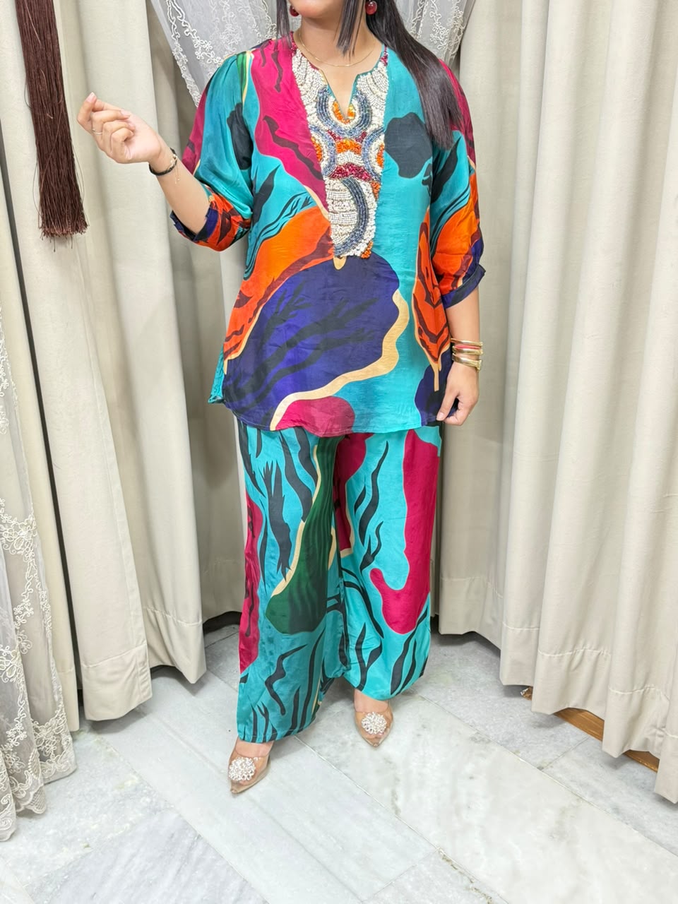 Premium Pure Crepe Designer Multi Co-Ord Set for Women | Elegant Printed Co-Ord Set