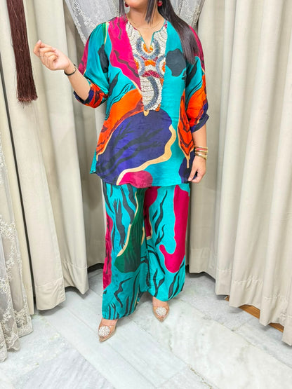 Premium Pure Crepe Designer Multi Co-Ord Set for Women | Elegant Printed Co-Ord Set