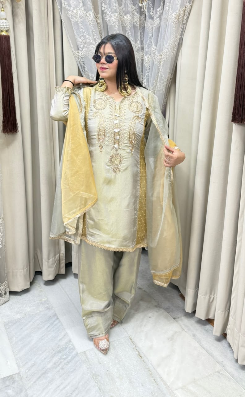Designer Premium Tissue Suit with Full Hand Work for Women |