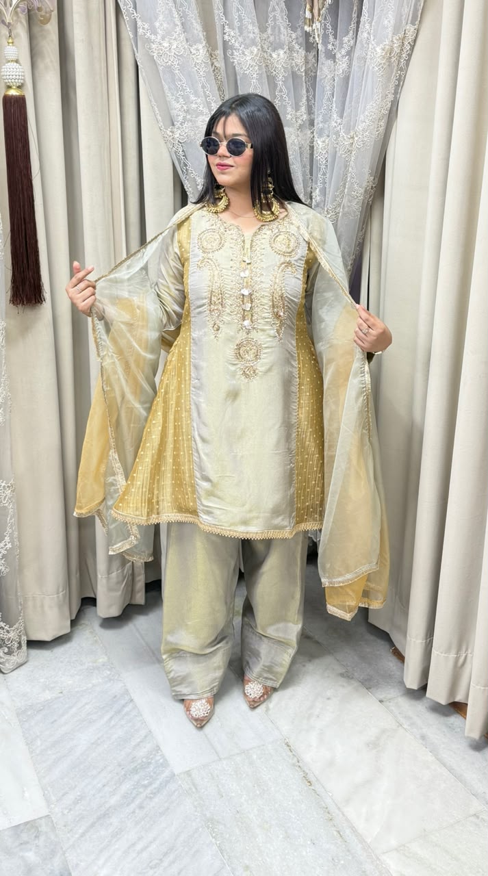 Designer Premium Tissue Suit with Full Hand Work for Women |
