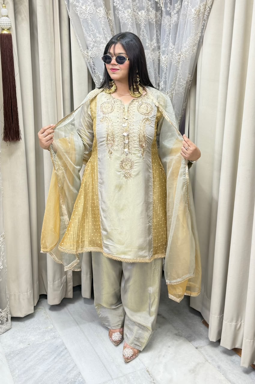 Designer Premium Tissue Suit with Full Hand Work for Women |
