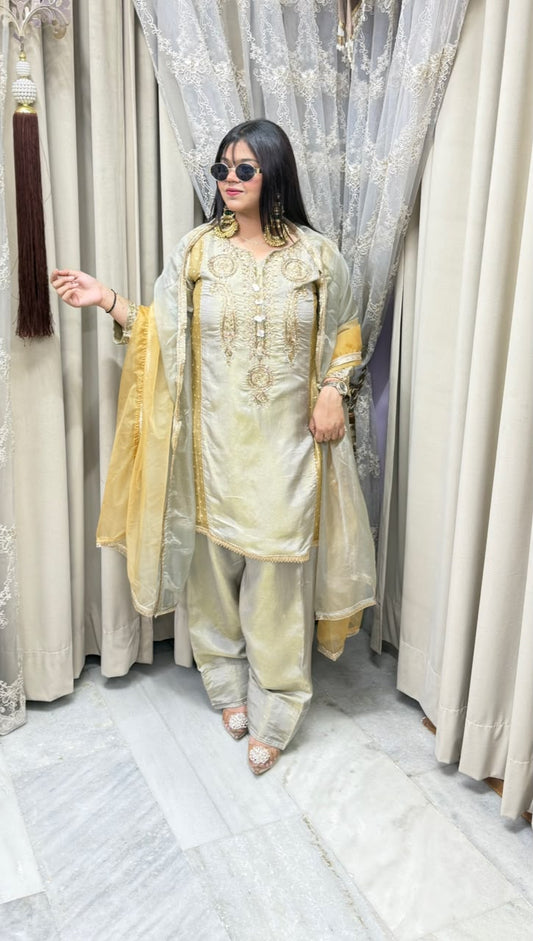Designer Premium Tissue Suit with Full Hand Work for Women |