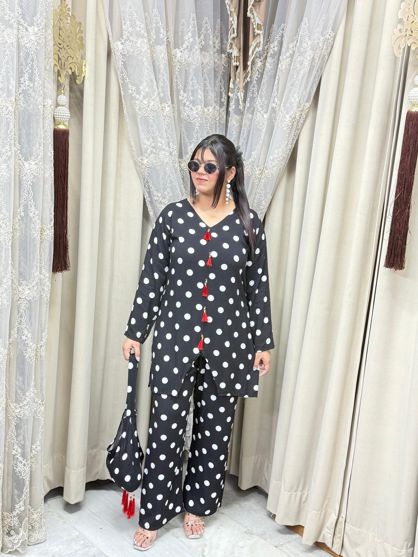 Premium Mulmul Cotton Polka Dot Co-Ord Set with Matching Bag | Women's 3-Piece Casual & Lounge Wear