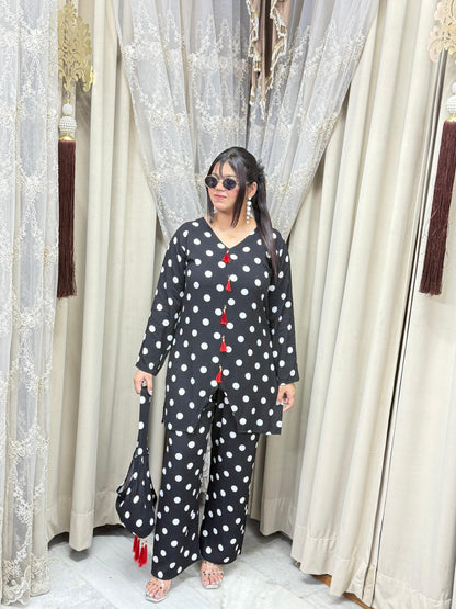 Premium Mulmul Cotton Polka Dot Co-Ord Set with Matching Bag | Women's 3-Piece Casual & Lounge Wear