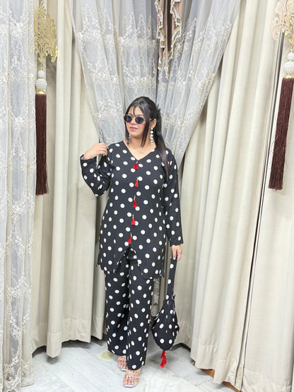 Premium Mulmul Cotton Polka Dot Co-Ord Set with Matching Bag | Women's 3-Piece Casual & Lounge Wear