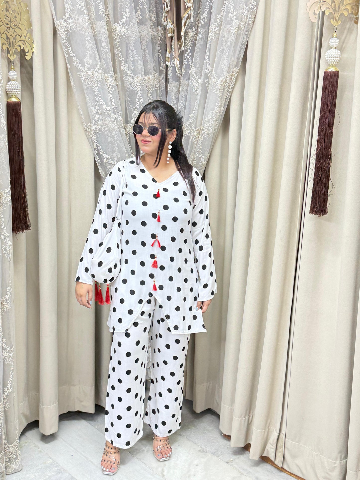 Premium Mulmul Cotton Polka Dot Co-Ord Set with Matching Bag | Women's 3-Piece Casual & Lounge Wear