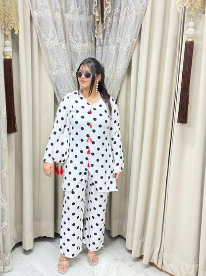 Premium Mulmul Cotton Polka Dot Co-Ord Set with Matching Bag | Women's 3-Piece Casual & Lounge Wear