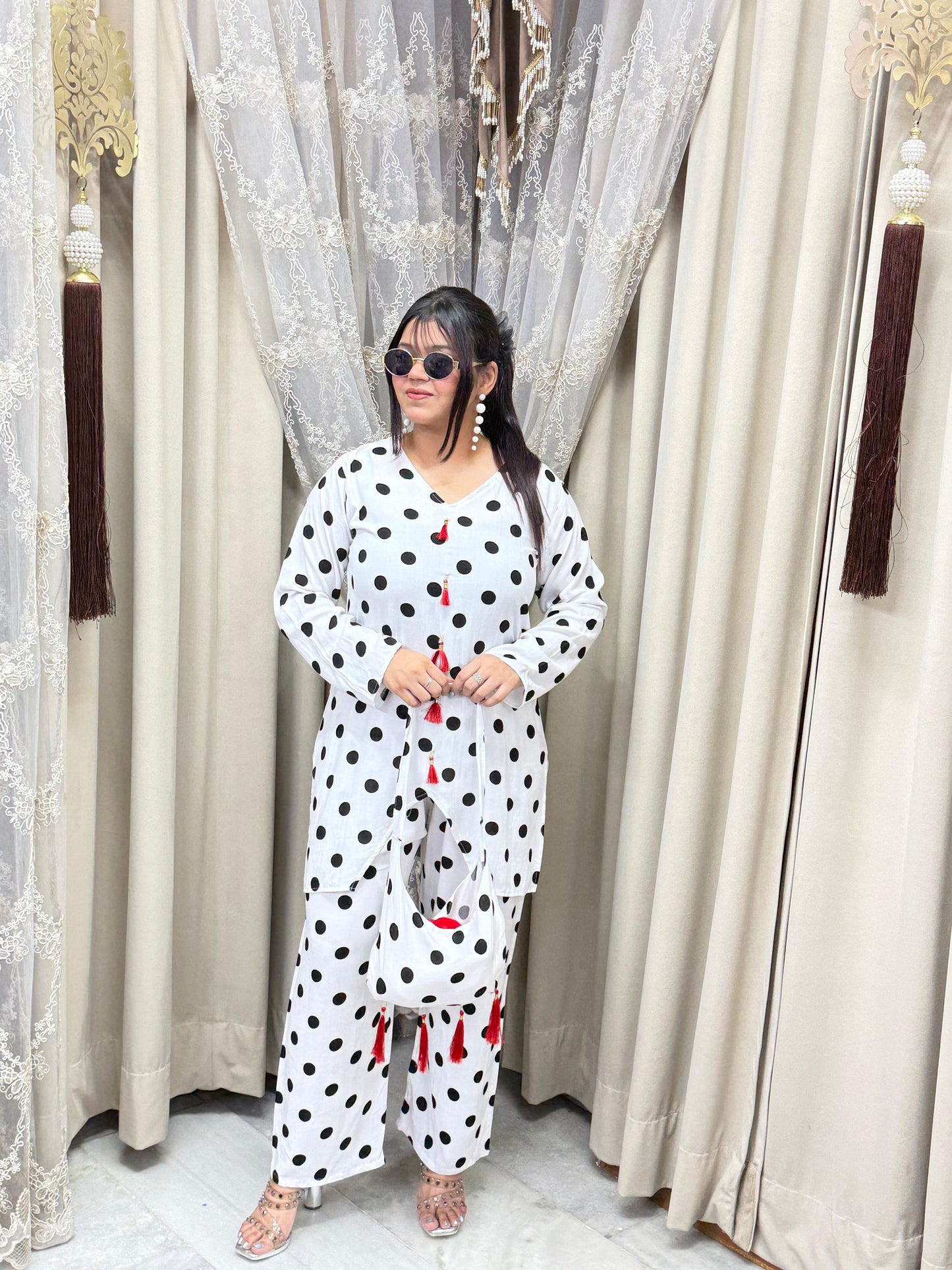 Premium Mulmul Cotton Polka Dot Co-Ord Set with Matching Bag | Women's 3-Piece Casual & Lounge Wear