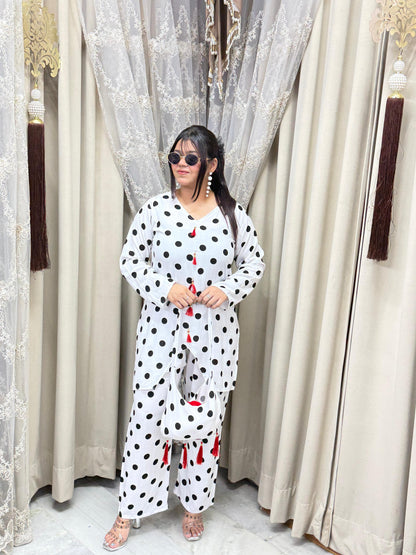 Premium Mulmul Cotton Polka Dot Co-Ord Set with Matching Bag | Women's 3-Piece Casual & Lounge Wear