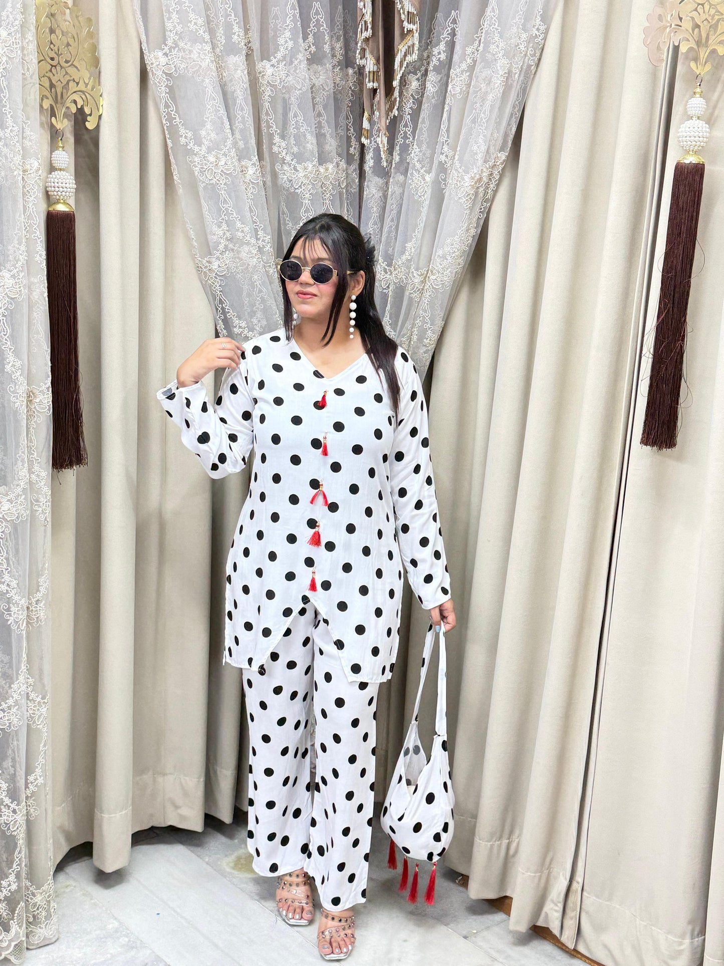 Premium Mulmul Cotton Polka Dot Co-Ord Set with Matching Bag | Women's 3-Piece Casual & Lounge Wear
