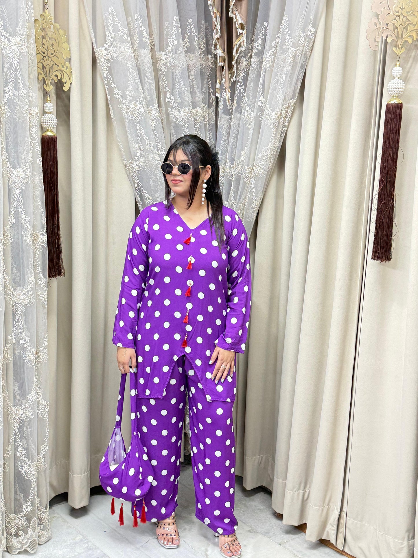 Premium Mulmul Cotton Polka Dot Co-Ord Set with Matching Bag | Women's 3-Piece Casual & Lounge Wear
