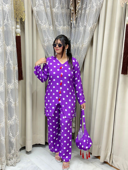 Premium Mulmul Cotton Polka Dot Co-Ord Set with Matching Bag | Women's 3-Piece Casual & Lounge Wear