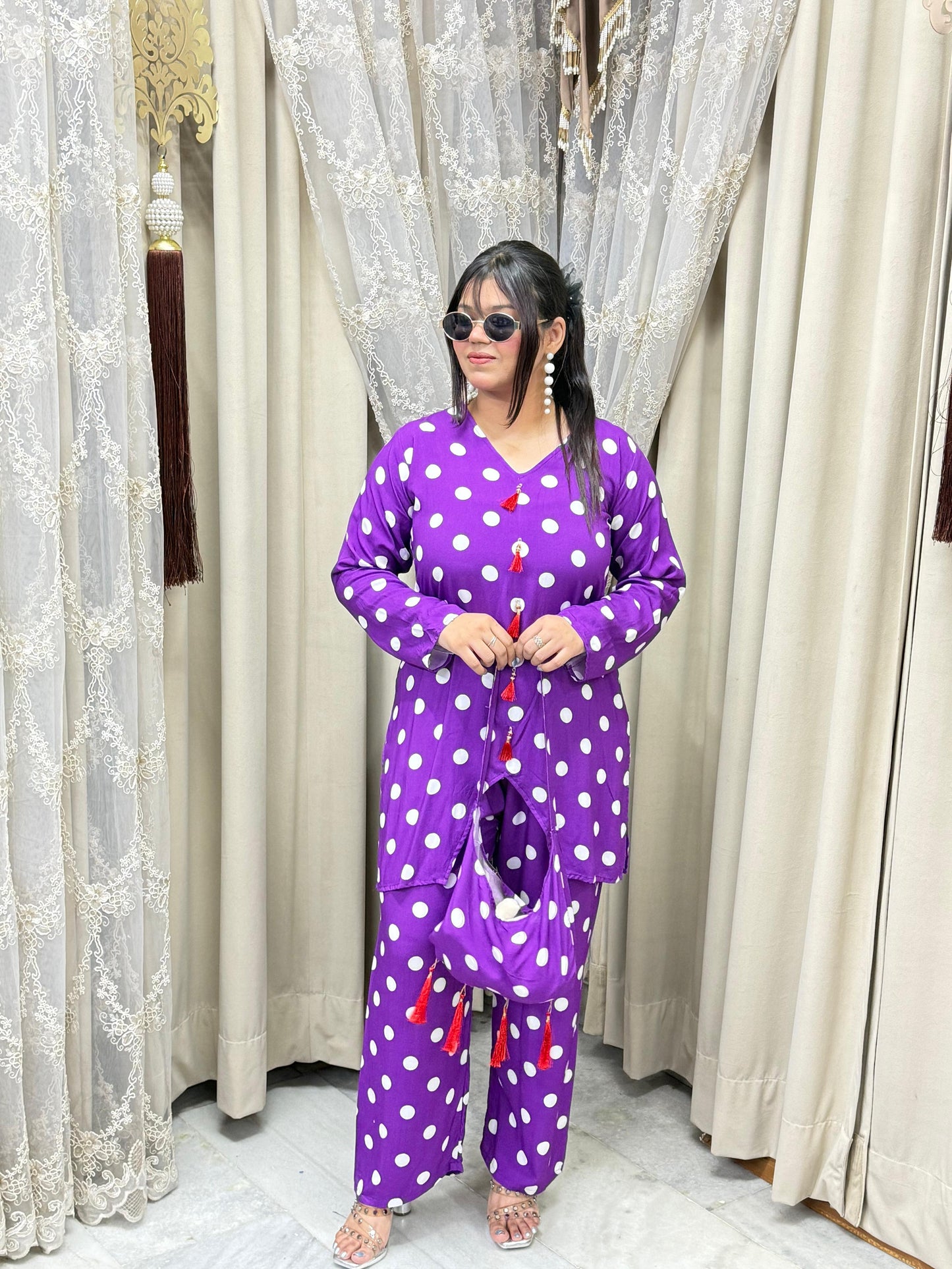 Premium Mulmul Cotton Polka Dot Co-Ord Set with Matching Bag | Women's 3-Piece Casual & Lounge Wear