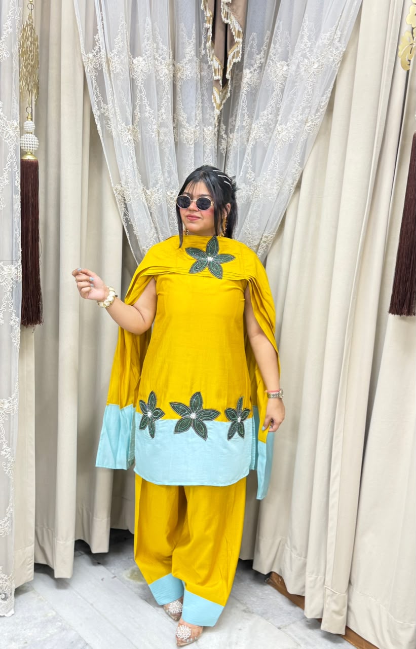 Designer farshi flower contrast suit  Cotton silk