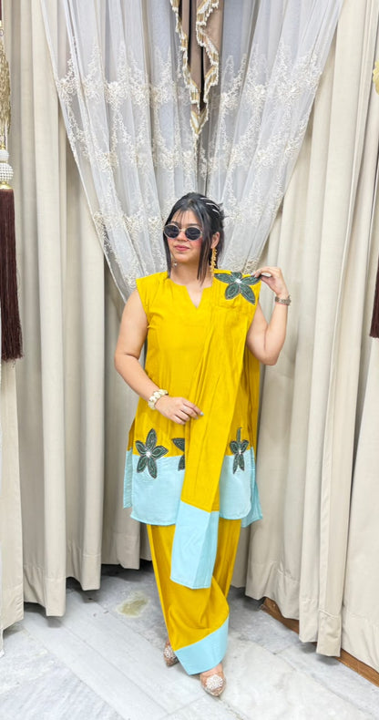 Designer farshi flower contrast suit  Cotton silk