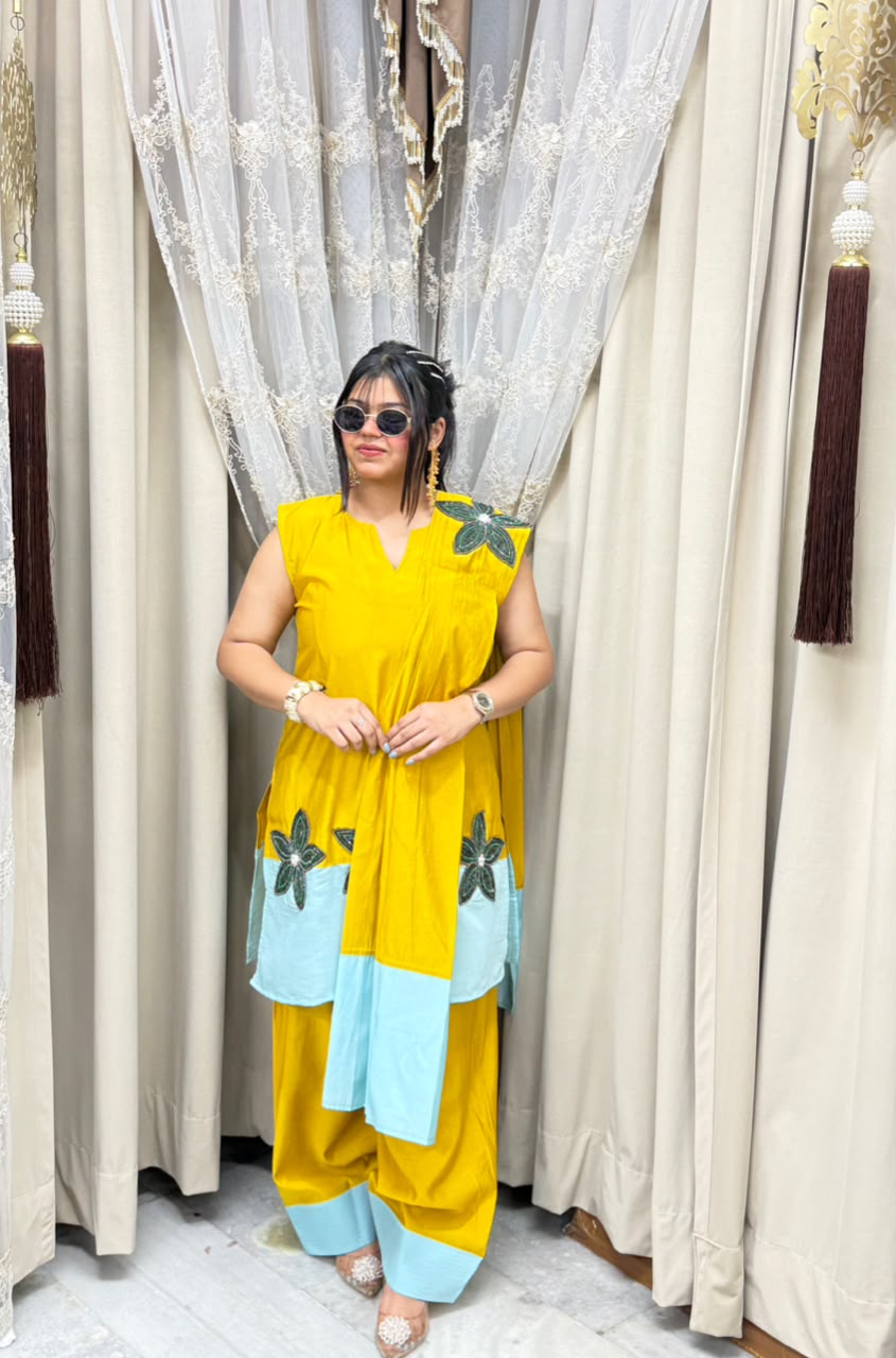 Designer farshi flower contrast suit  Cotton silk