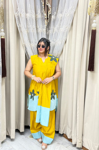 Designer farshi flower contrast suit  Cotton silk