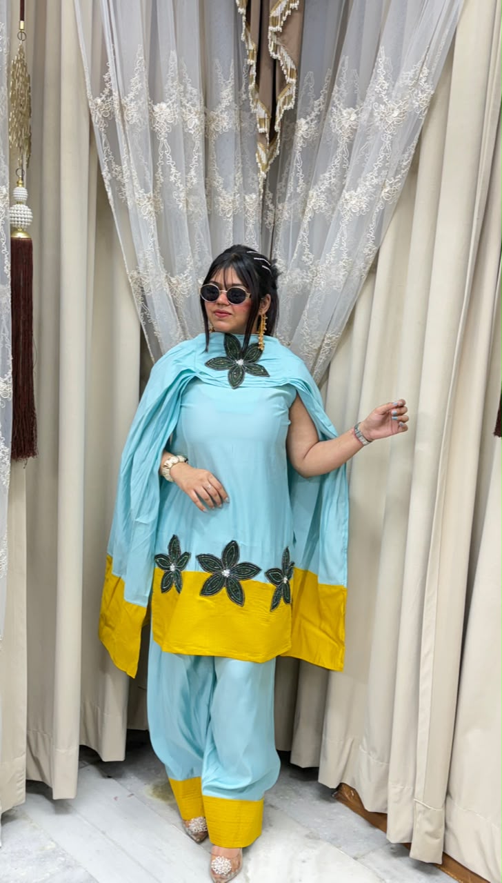 Designer farshi flower contrast suit  Cotton silk