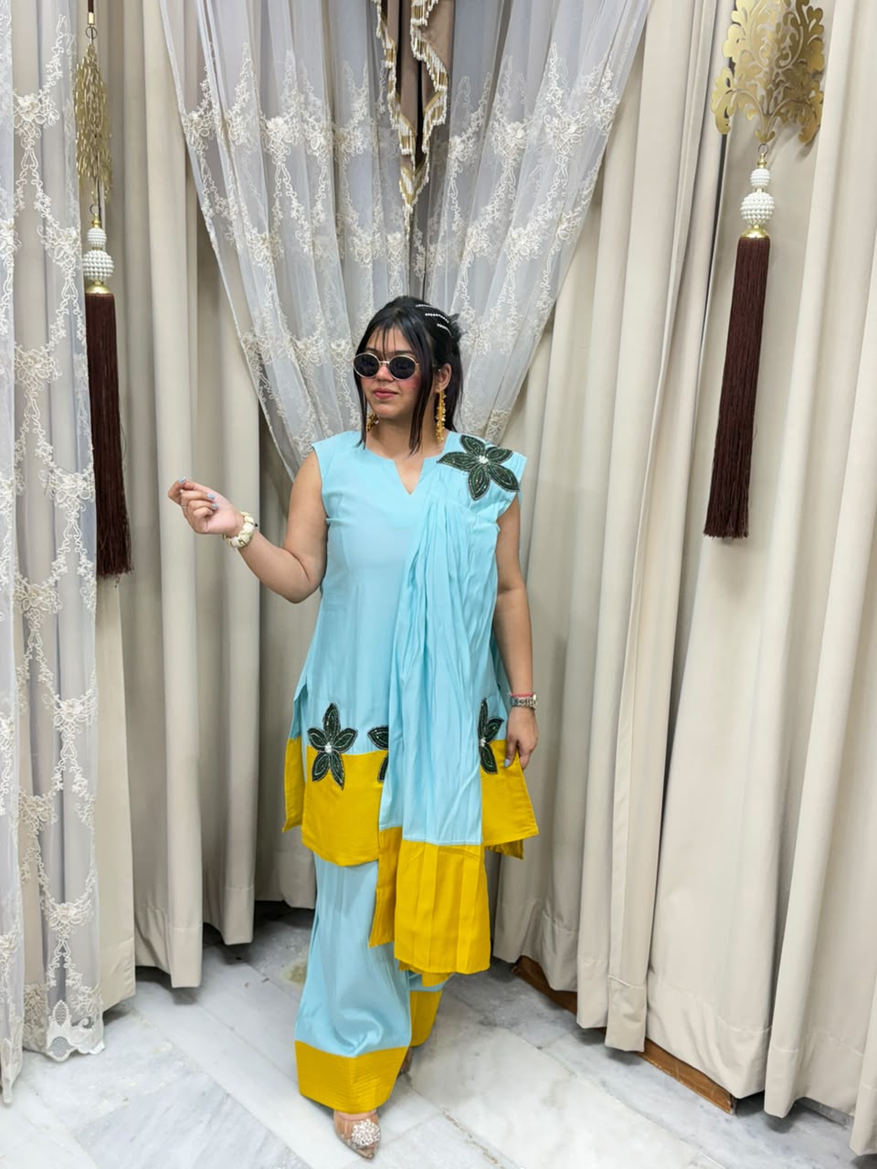 Designer farshi flower contrast suit  Cotton silk
