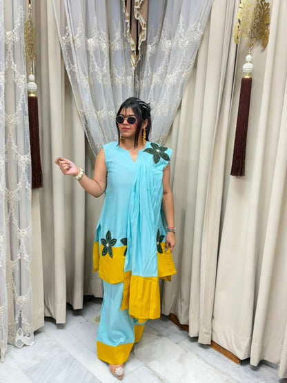 Designer farshi flower contrast suit  Cotton silk