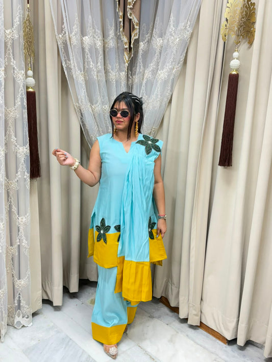 Designer farshi flower contrast suit  Cotton silk