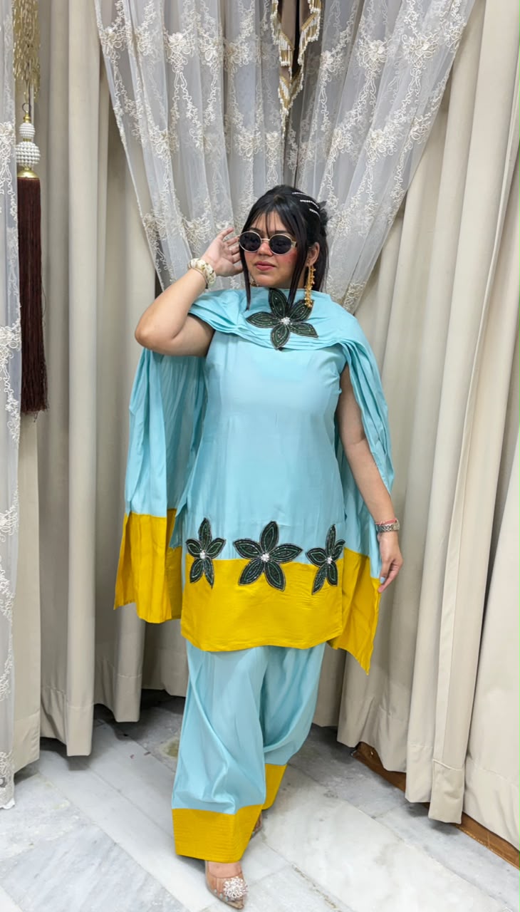Designer farshi flower contrast suit  Cotton silk