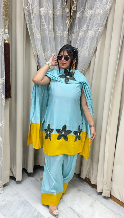 Designer farshi flower contrast suit  Cotton silk