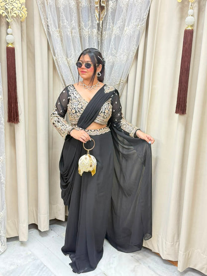 Designer black handwork ready to wear saree