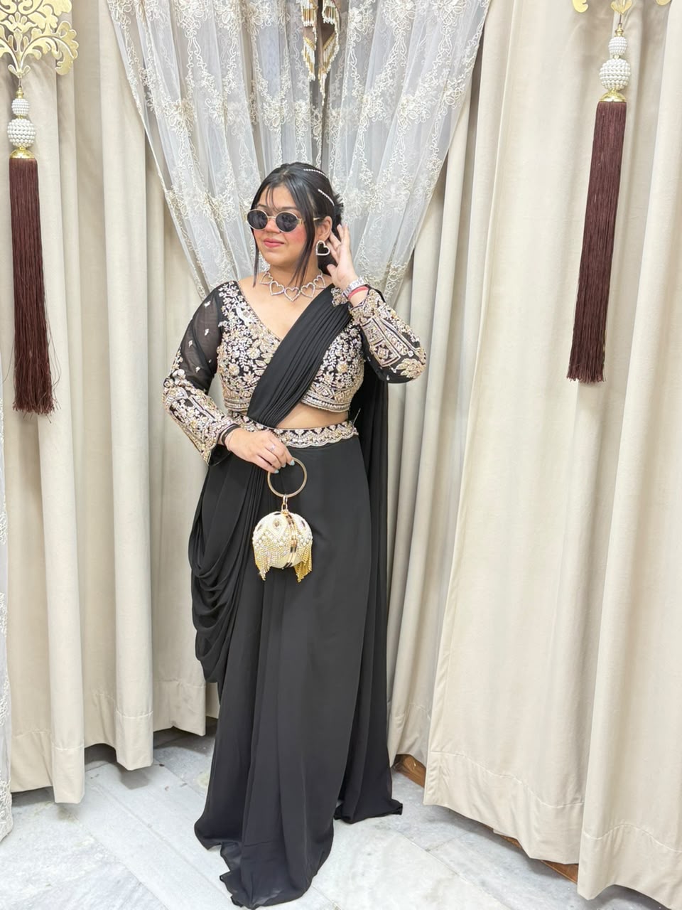 Designer black handwork ready to wear saree